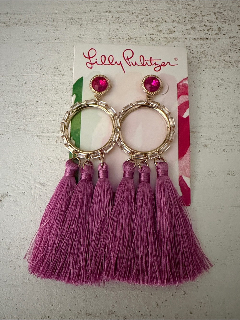 Lilly Pulitzer purple pink gold earrings tassle in a holidaze wild fuchsia